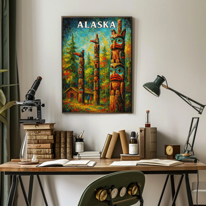 Alaska Totem Poles Native Heritage Forest Travel Poster