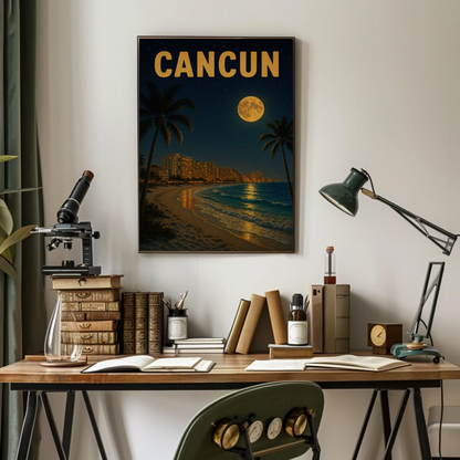 Cancun Beachfront Skyline Moonlight Travel Poster