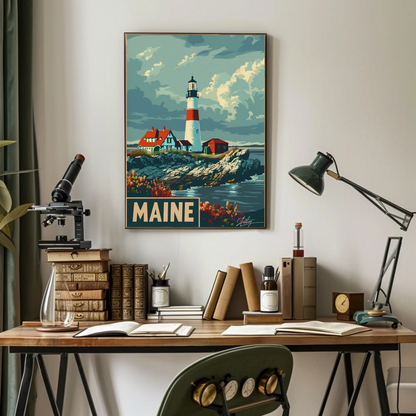 Maine Lighthouse Coastal Classic Travel Poster
