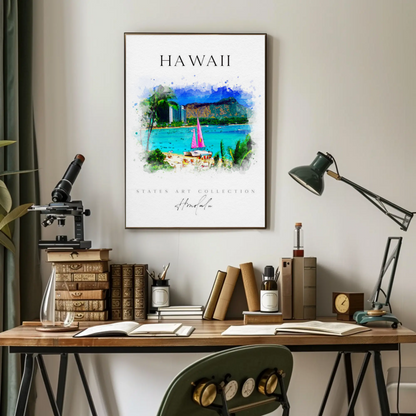 Hawaii Honolulu Sailboat Watercolor Skyline Poster
