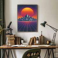 Retro Synthwave Mountain Landscape: Futuristic Sci-Fi Poster