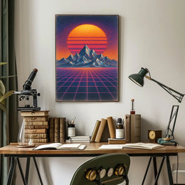 Retro Synthwave Mountain Landscape: Futuristic Sci-Fi Poster
