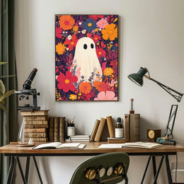 Ghostly Figure Amidst Flowers Whimsical Playful Poster