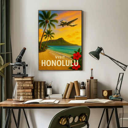 Visit Honolulu Hawaii Vintage Plane Palm Beach Travel Poster