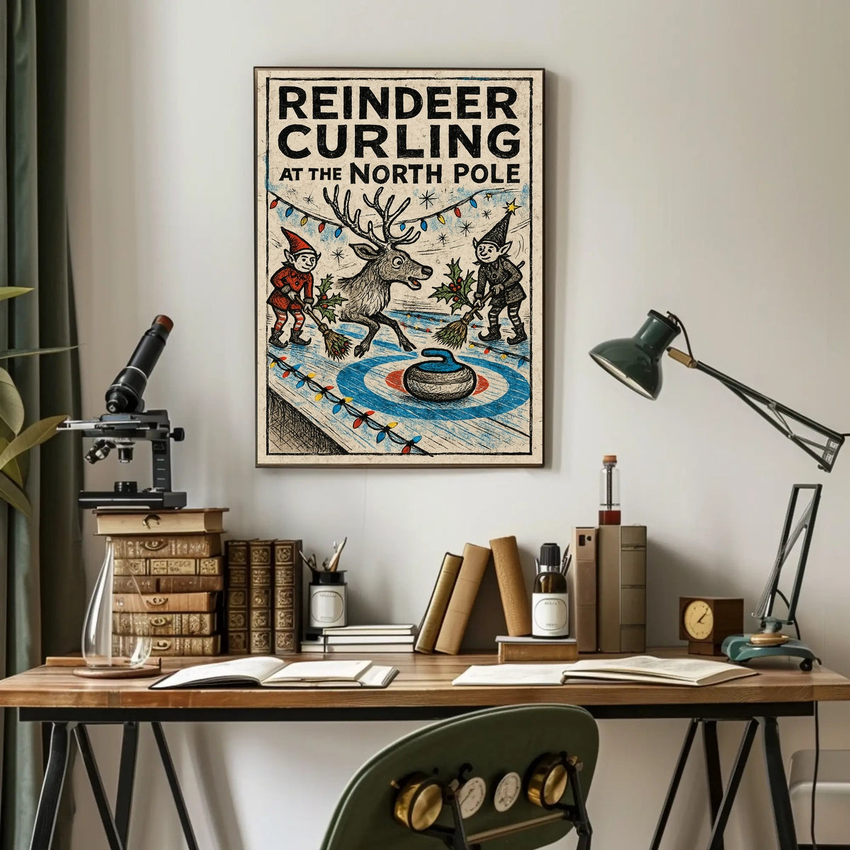Reindeer Curling at the North Pole Poster