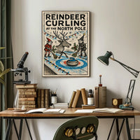 Reindeer Curling at the North Pole Poster