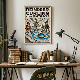 Reindeer Curling at the North Pole Poster
