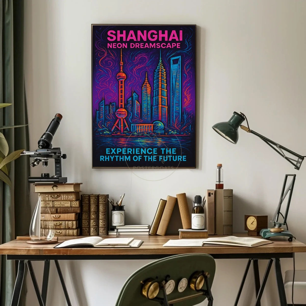 Shanghai Neon Skyline: Captivating Futuristic Sci-Fi Poster