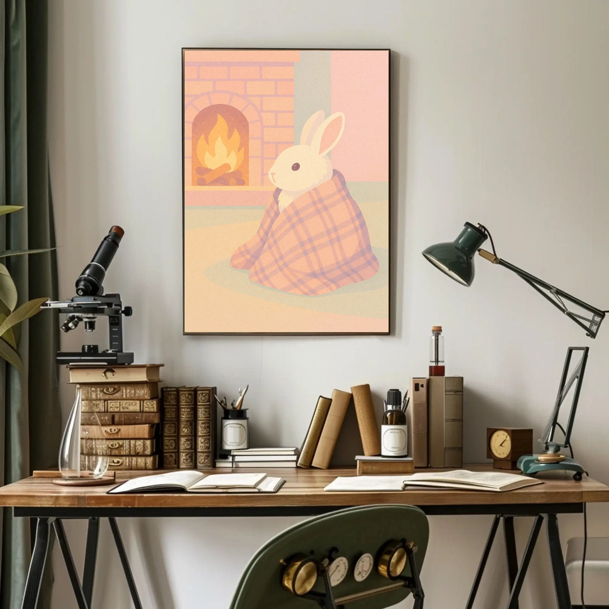 Cozy Bunny by the Fireplace Poster