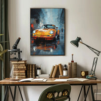 Vintage Sports Car on Rainy Street: Artistic Poster