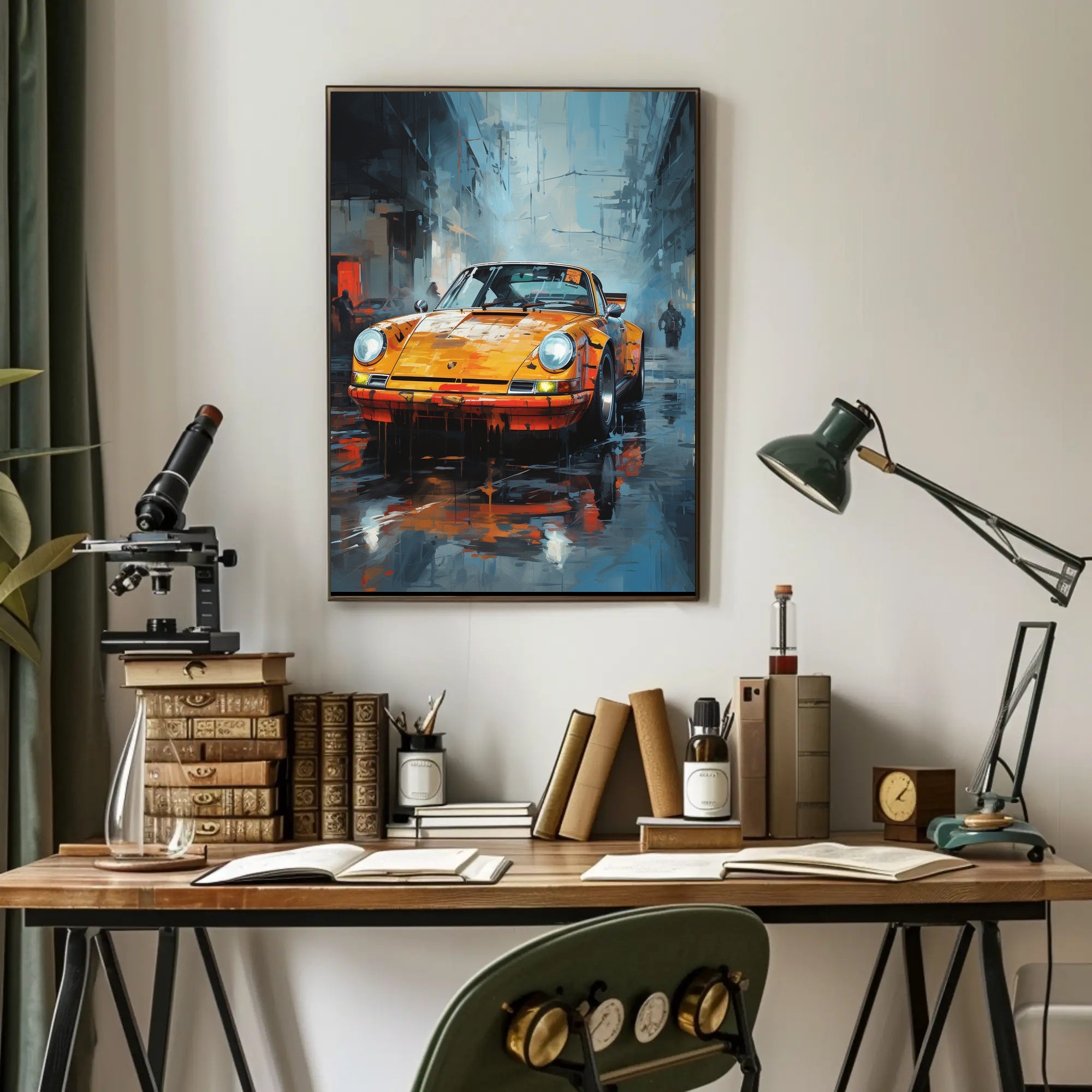 Vintage Sports Car on Rainy Street: Artistic Poster