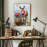 Cheerful Donkey Standing Beside Wooden Barrel Poster