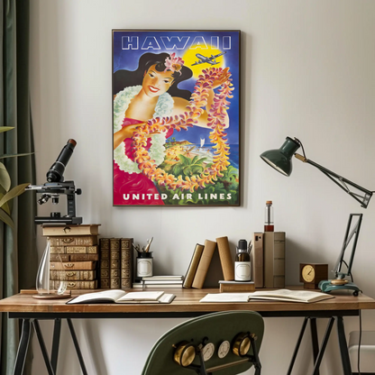 Hawaii United Airlines Lei Woman Beach Travel Poster