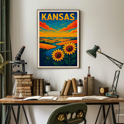 Kansas Sunflowers Prairie Horizon River Travel Poster