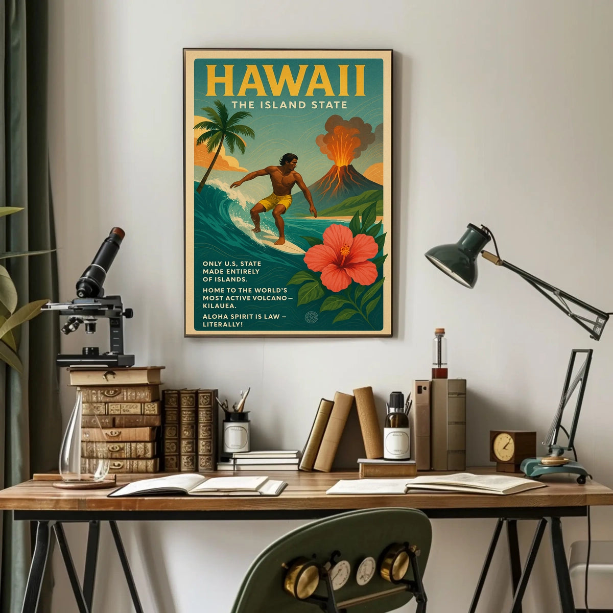 Hawaii Adventure Vintage Travel Poster: Surfing & Volcano
