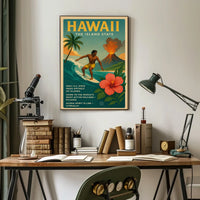Hawaii Adventure Vintage Travel Poster: Surfing & Volcano