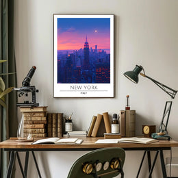New York City Twilight Skyline Poster Vintage Wall Art