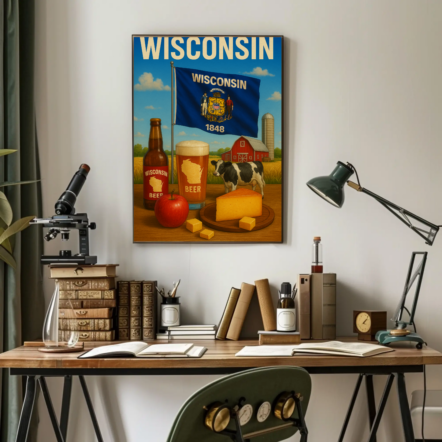 Wisconsin Beer Cheese Cow Barn Farm Apple Travel Poster