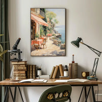 Sunlit Seaside Café Escape–Travel Poster