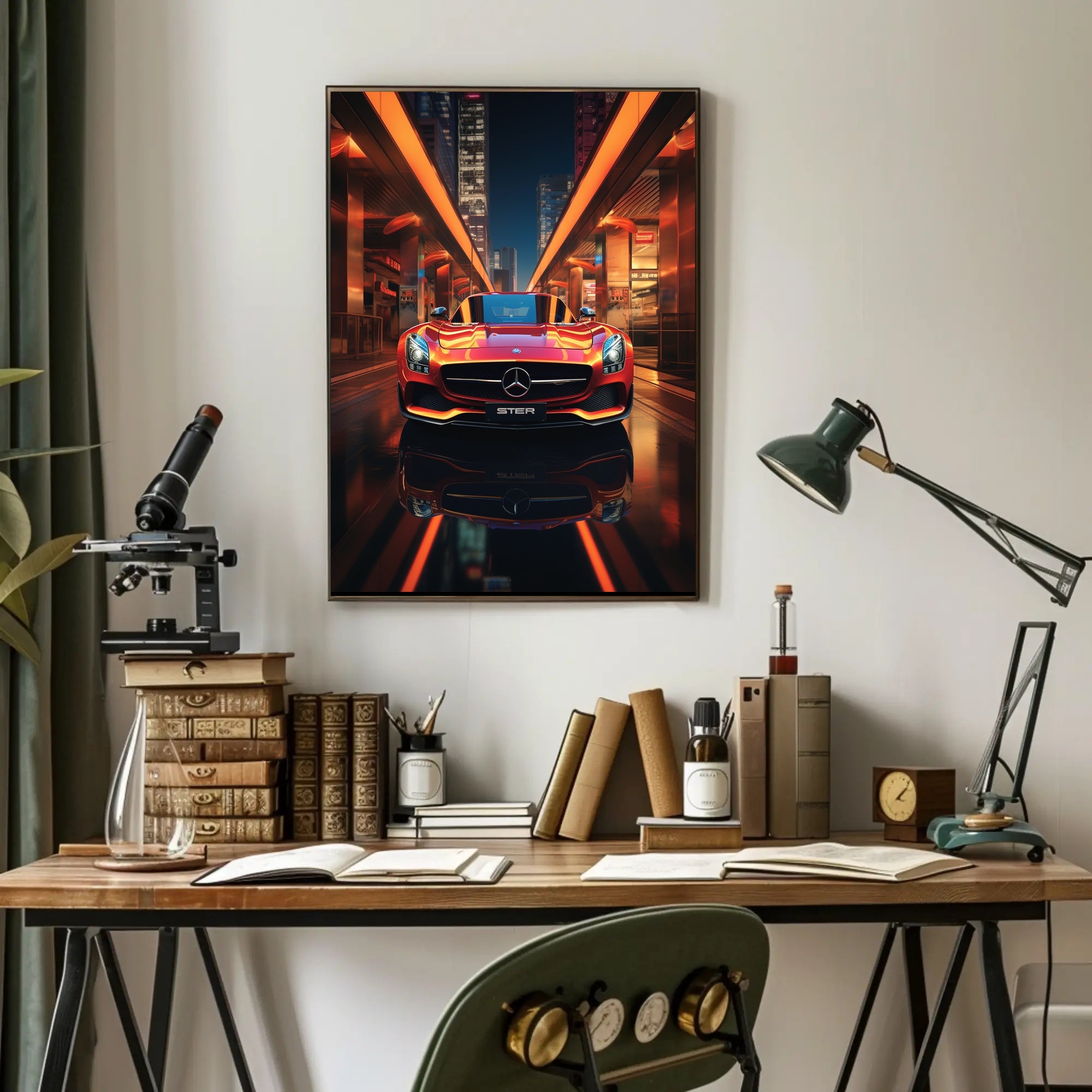 Luxury Sports Car in Vibrant Urban Night Futuristic Sci-Fi Poster