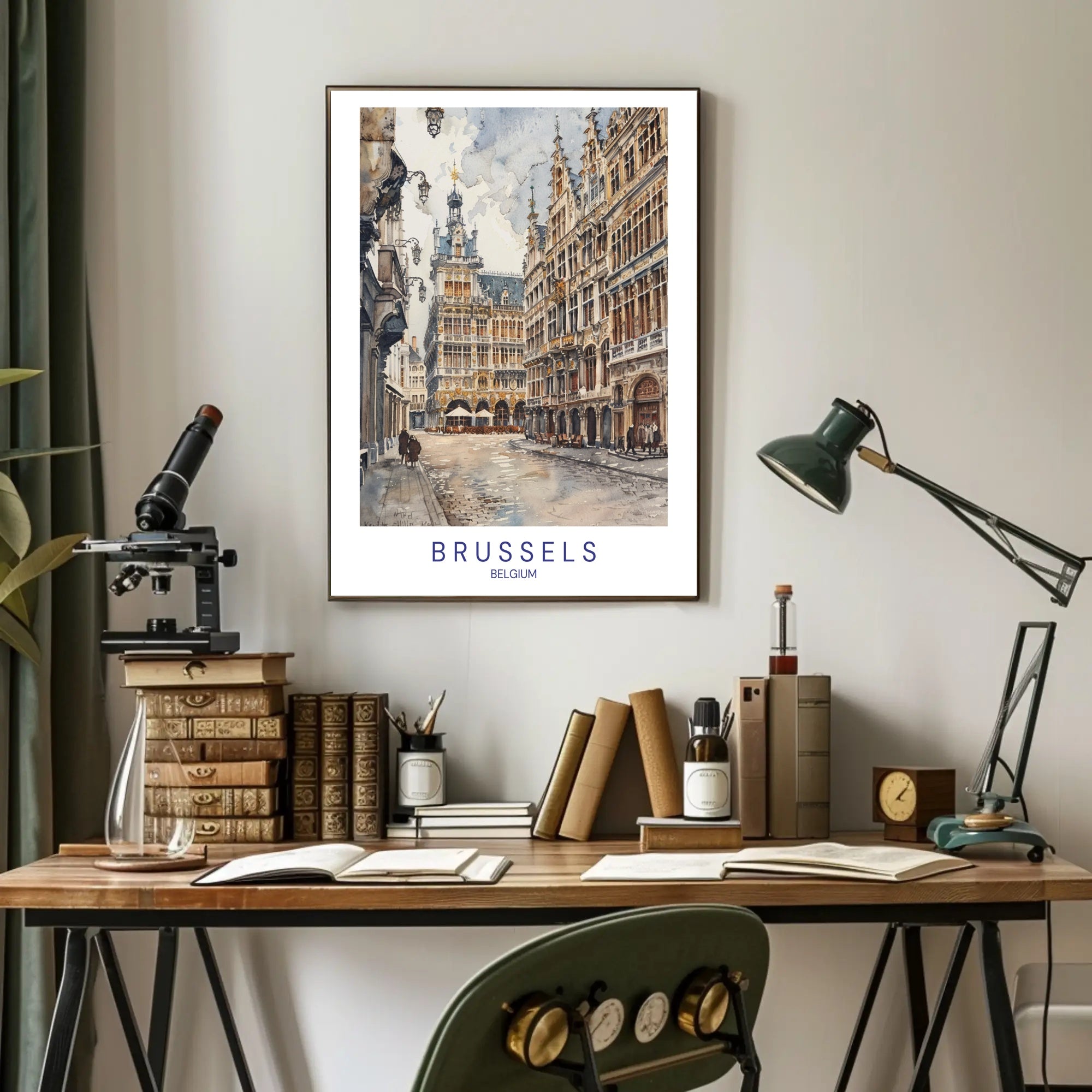 Charming Brussels Street Scene, Watercolor Urban or Cityscape Poster PosterGoat