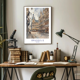 Charming Brussels Street Scene, Watercolor Urban or Cityscape Poster PosterGoat