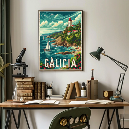 Galicia Sailing Lighthouse Coast Travel Poster