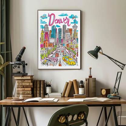 Denver Colorado Cityscape Mountain Backdrop Travel Poster