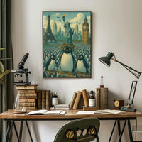 Whimsical Landmarks and Penguins Travel Poster