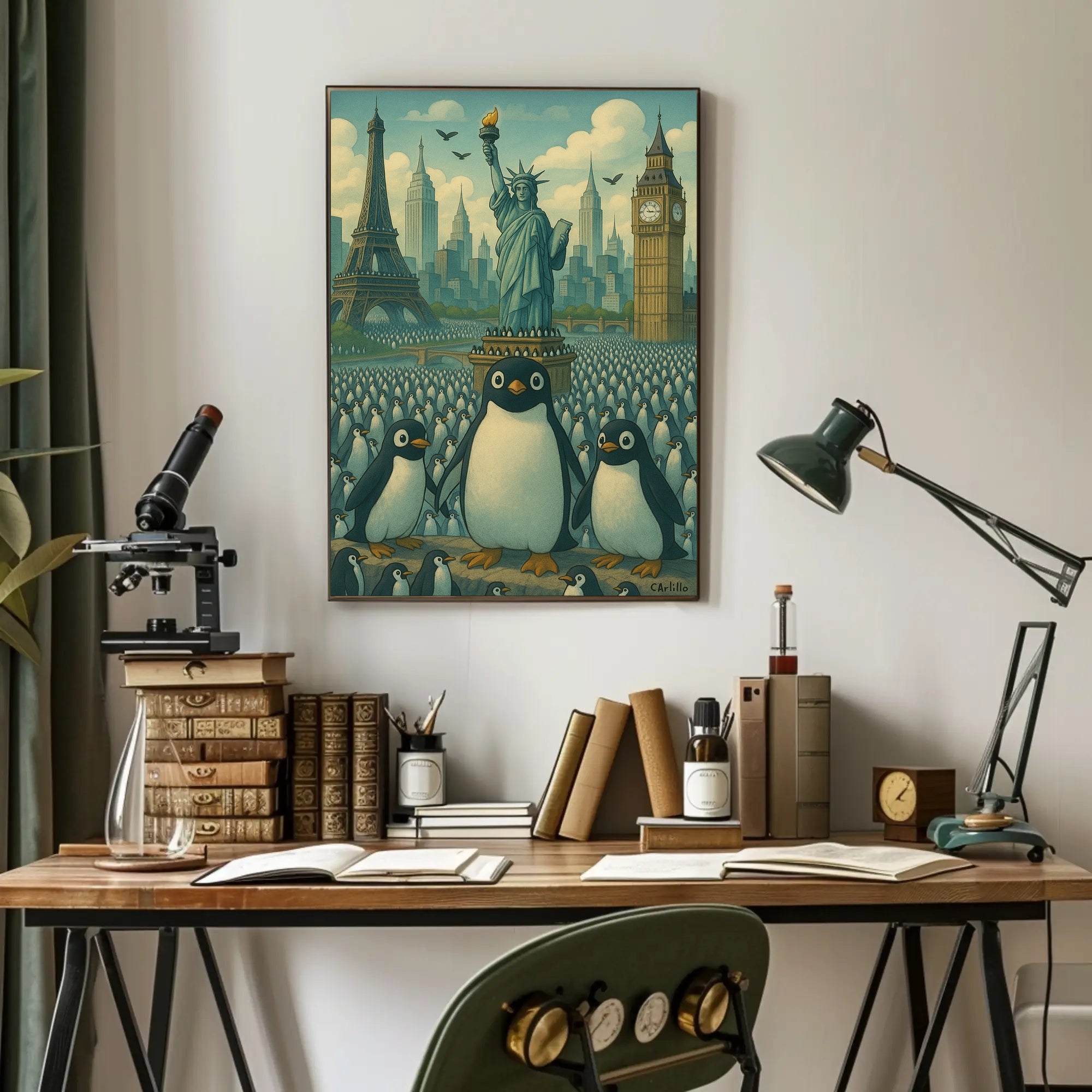 Whimsical Landmarks and Penguins Travel Poster