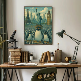Whimsical Landmarks and Penguins Travel Poster