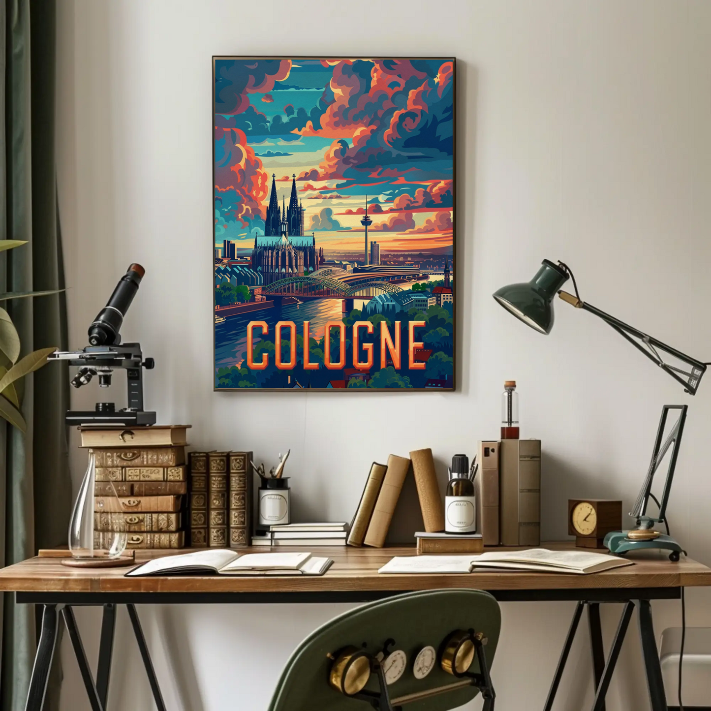 Cologne Skyline Sunset Clouds Spires Travel Poster