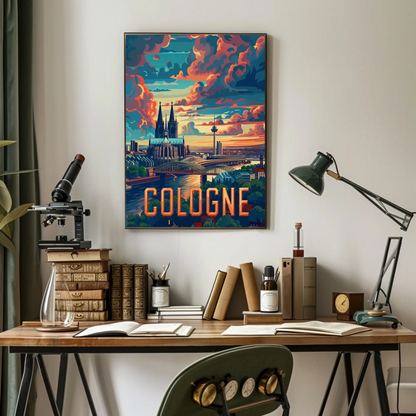 Cologne Skyline Sunset Clouds Spires Travel Poster