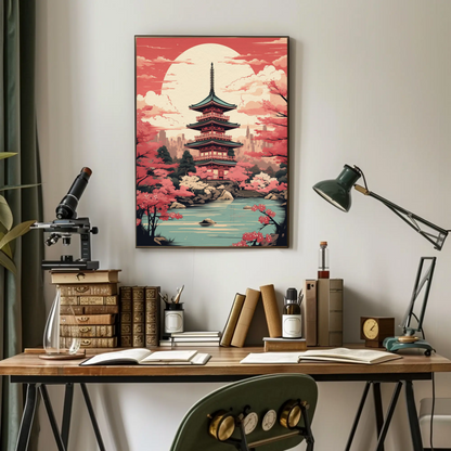Cherry Blossom Temple Japan Spring Harmony Travel Poster