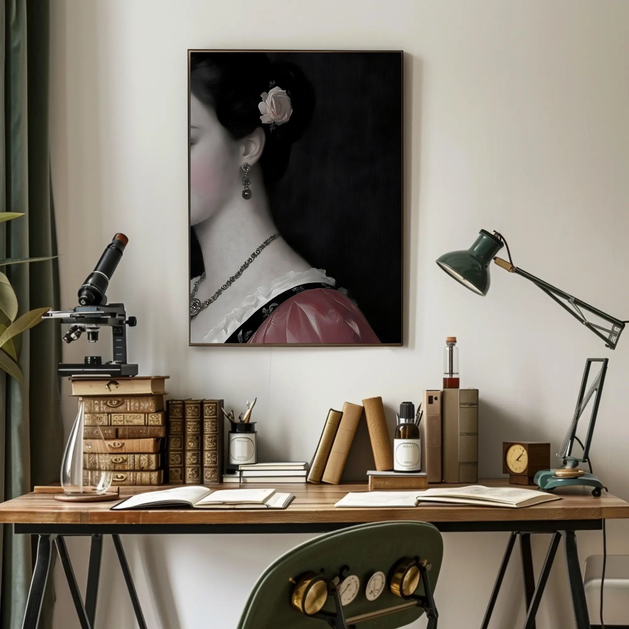 Elegant Portrait of Woman with Rose in Heritage Poster PosterGoat