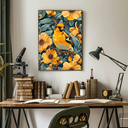 Golden Bird and Blossoms Wall Art Print
