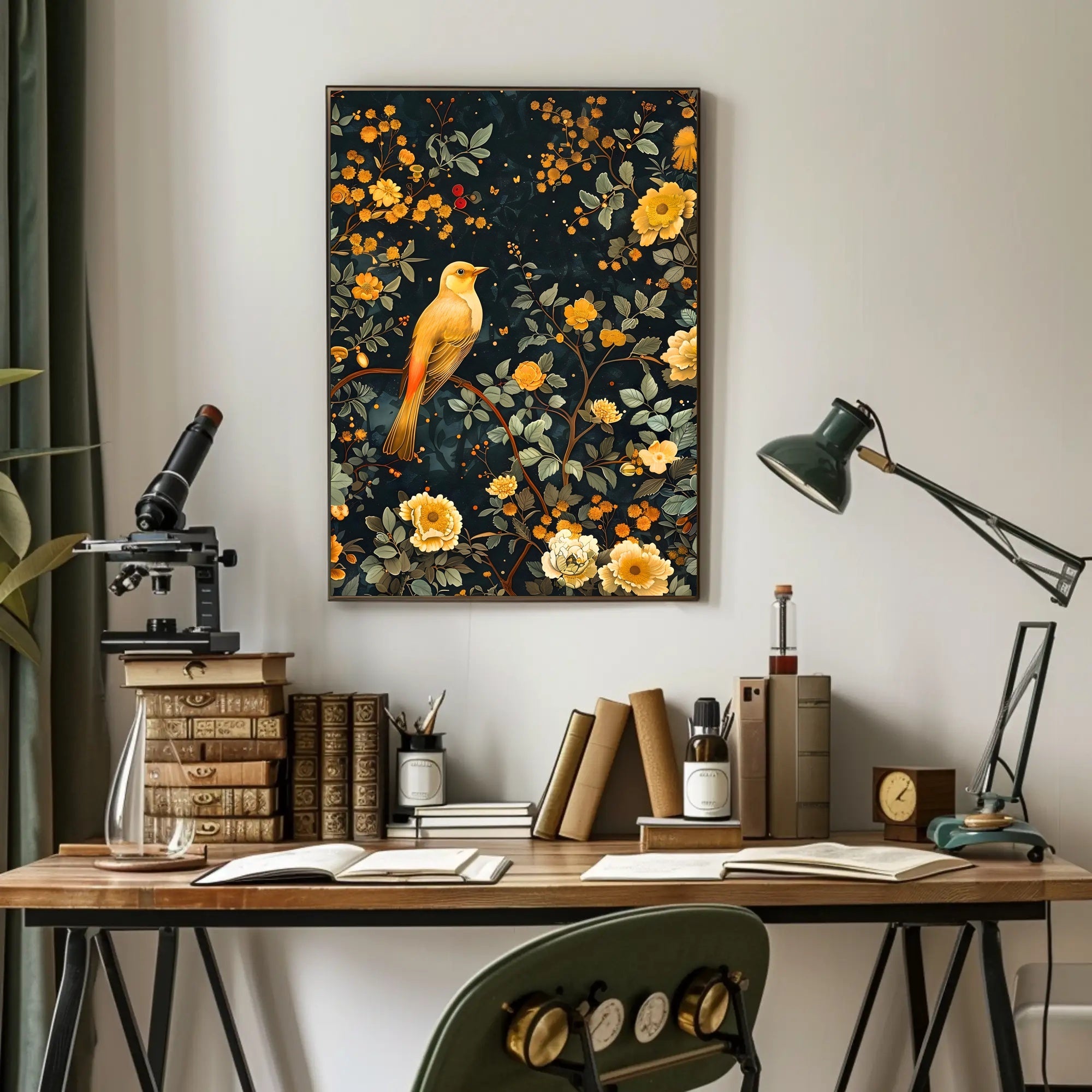 Golden Bird and Blossoms Wall Art Print