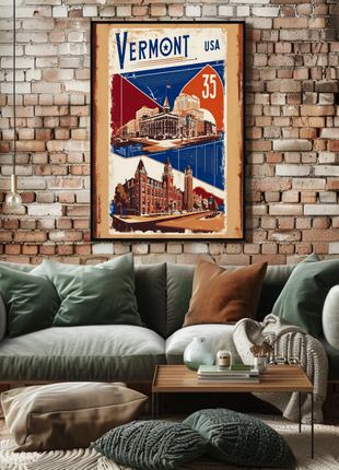 Vermont USA Historic Red Brick Skyline Travel Poster