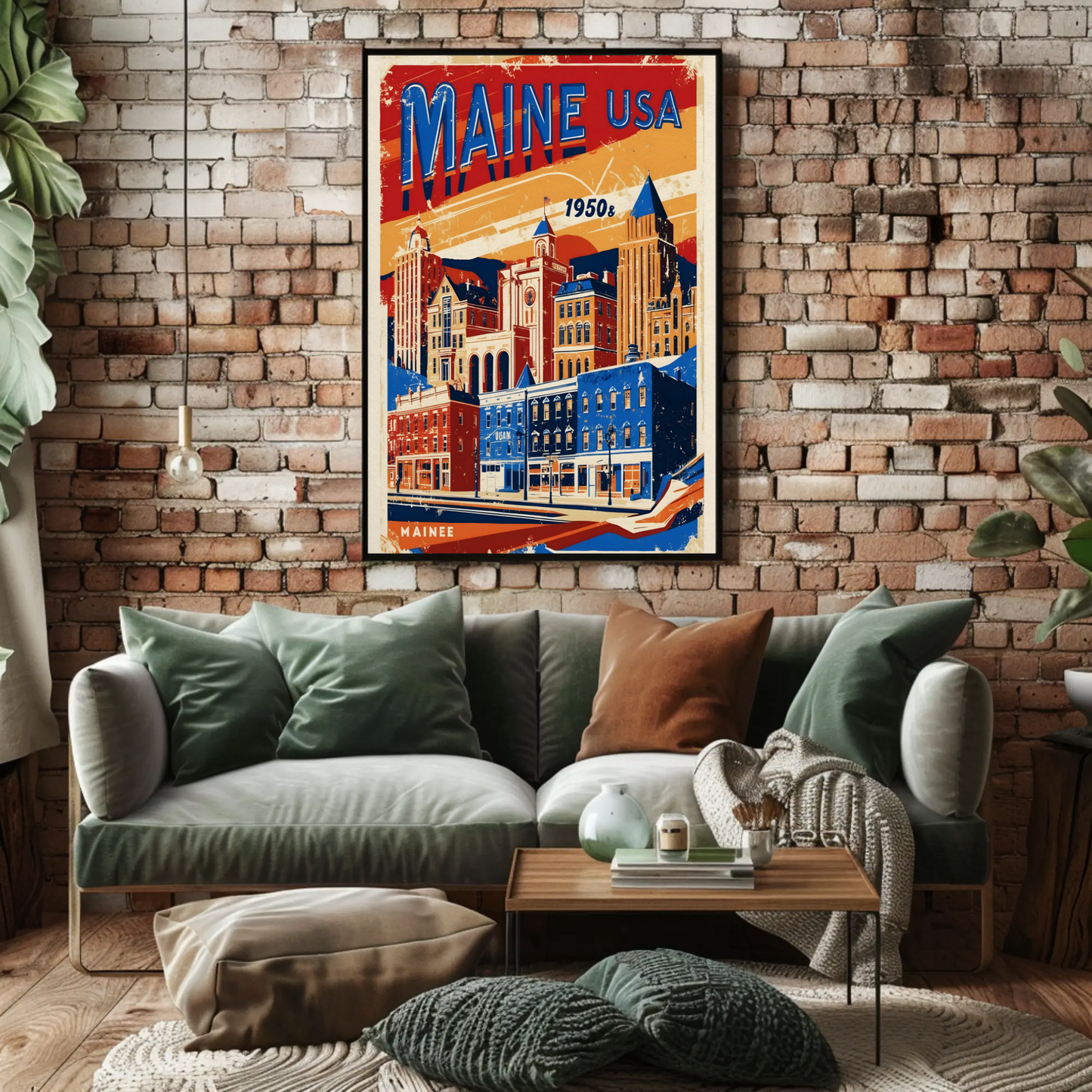 Maine USA 1950s Seaside Townscape Vintage Maroon Travel Poster