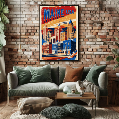 Maine USA 1950s Seaside Townscape Vintage Maroon Travel Poster