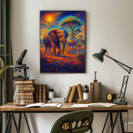 Majestic Elephants Safari Art Poster: Vibrant Landscape