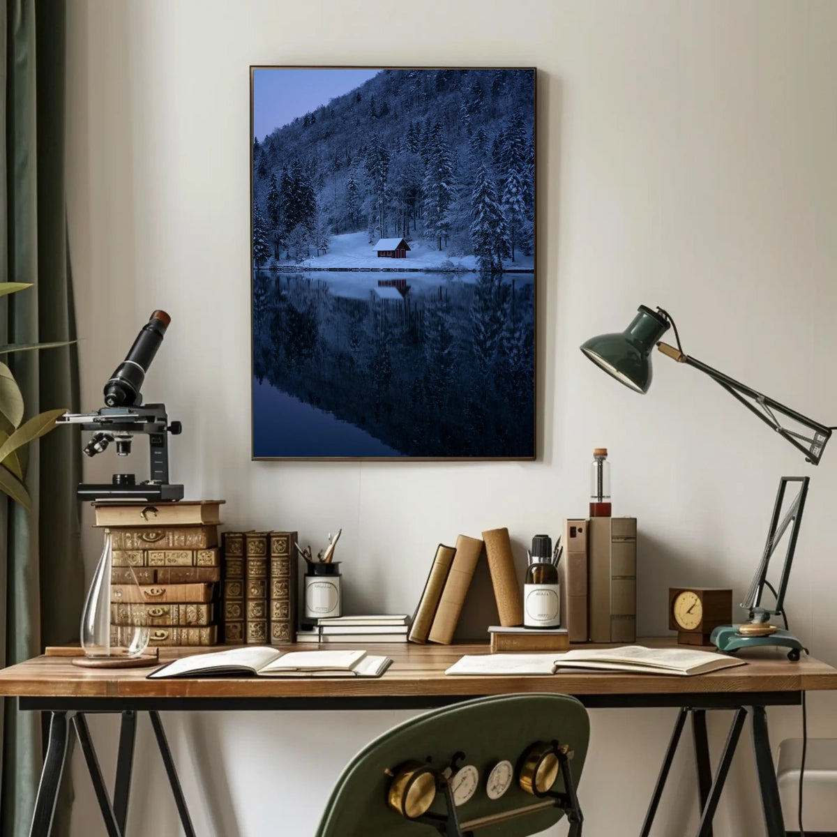 Tranquil Winter Scene with Snowy Cabin National Park Poster