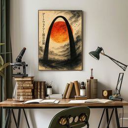 Stylized Arch and Red Sun Vintage Artistic Japanese Poster