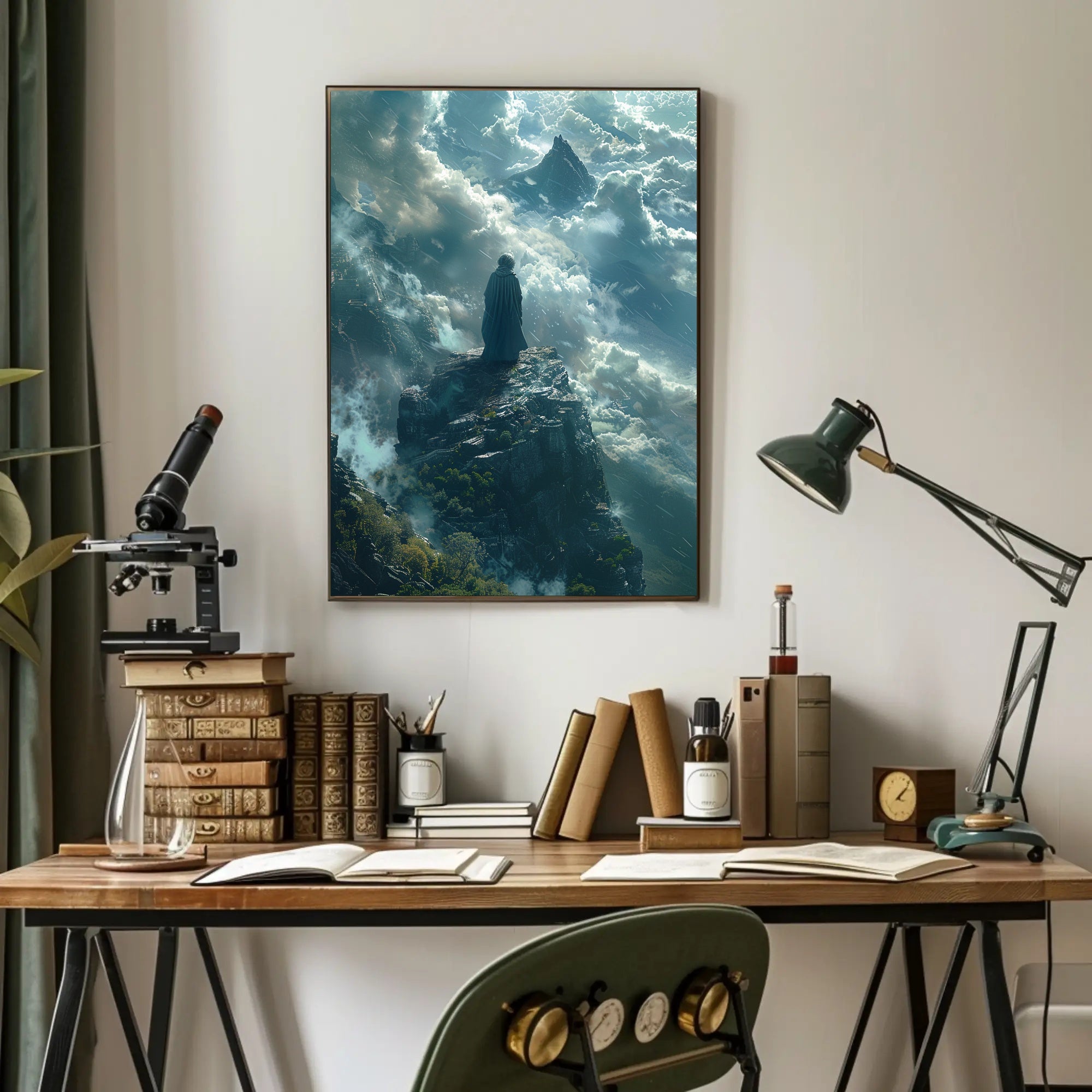 Ethereal Figure Amidst Mystical Peaks Fantasy or Mythology Poster PosterGoat