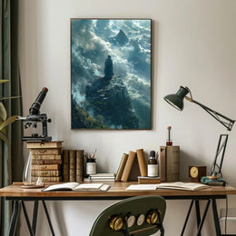 Ethereal Figure Amidst Mystical Peaks Fantasy or Mythology Poster PosterGoat