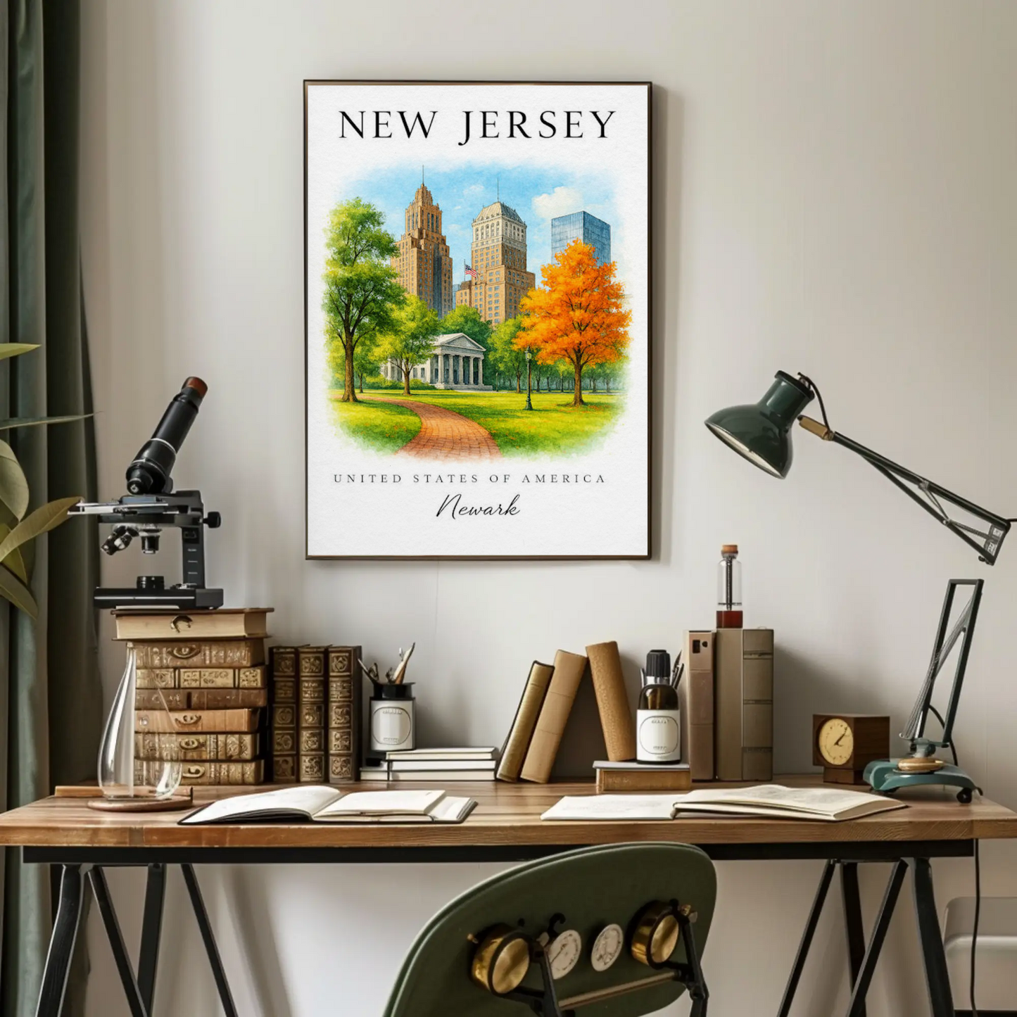 Newark New Jersey Historic Skyline Autumn Park Travel Poster