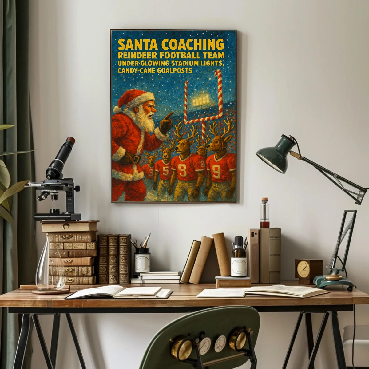 Santa Claus Coaches Reindeer Football Team Poster
