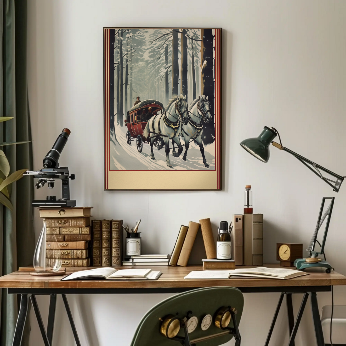 Horse Carriage Through Snowy Forest Travel Poster