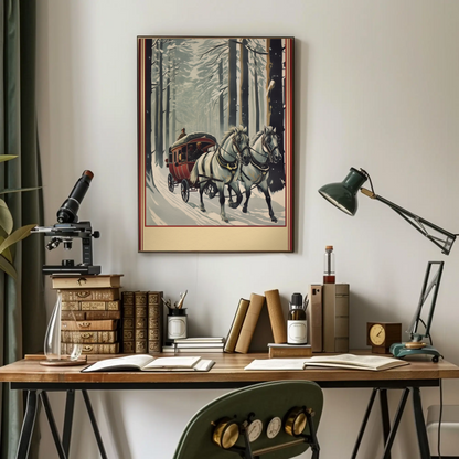 Horse Carriage Through Snowy Forest Travel Poster