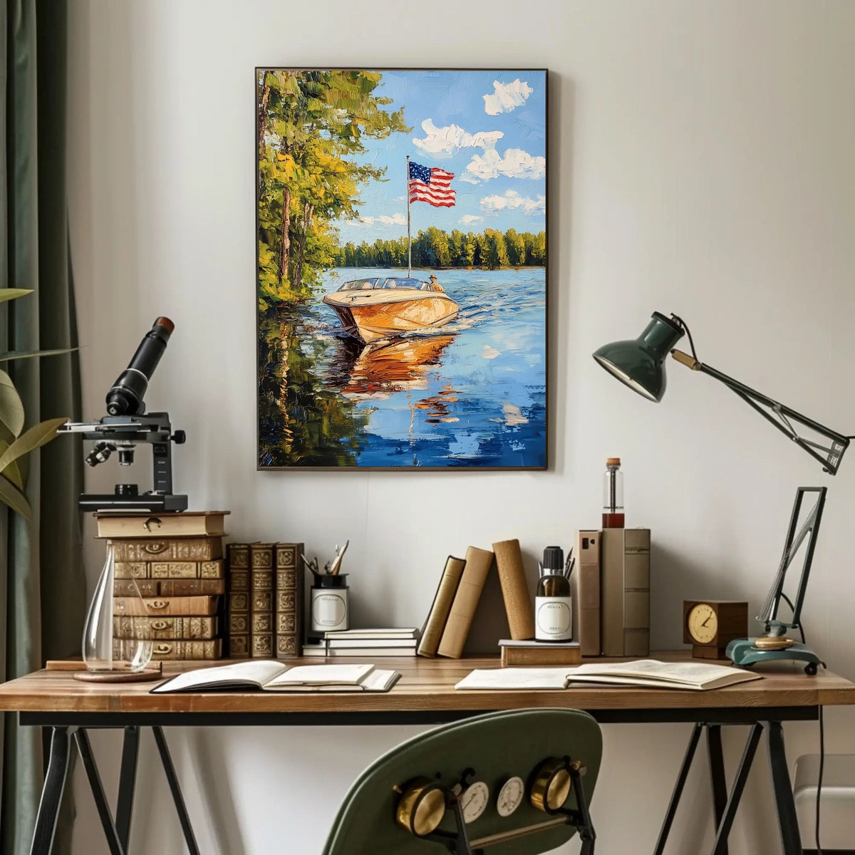 Boat On A Calm Lake With American Flag Scenic Poster